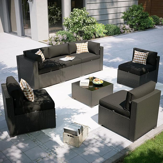 Aoxun Patio Furniture Set, 7 Piece Outdoor Sectional Sofas with Waterprool Cover, Wicker Rattan Outdoor Furniture Patio Conversation Set for Backyard, Garden Black