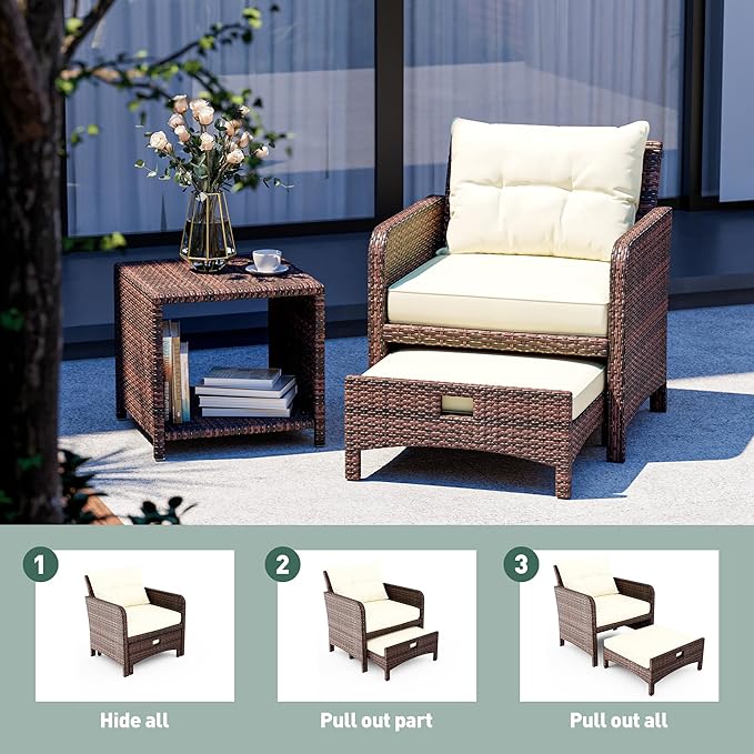 5 Piece Patio Furniture Set, All-Weather Patio Furniture with Soft Cushions, PE Wicker Patio Sofa Set with Coffee Table and Ottoman, for Outdoor, Porch, and Balcony (Beige-Brown)
