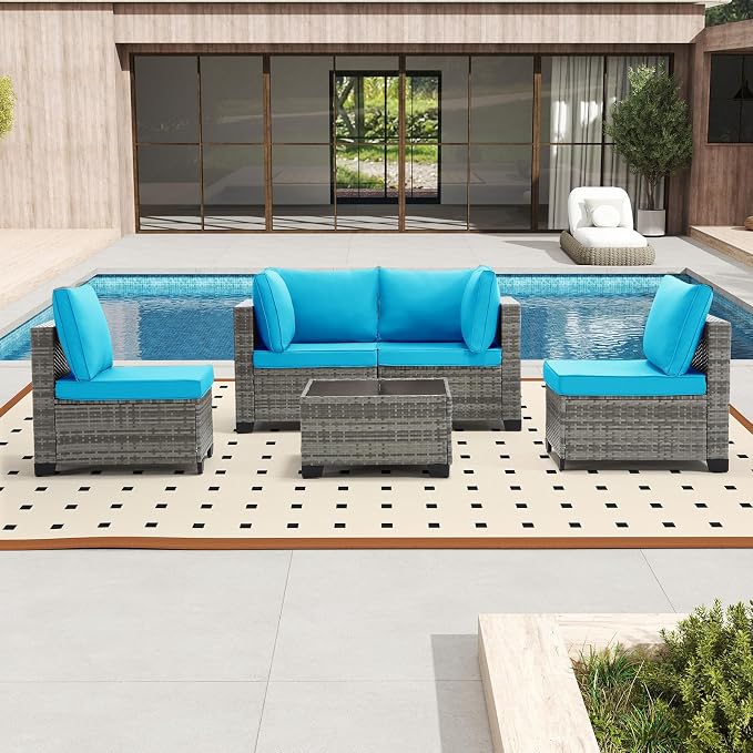Bonzy Home 5 Pieces Outdoor Patio Furniture Set, PE Rattan Outdoor Sectional Furniture Sofa Set with Removable Cover and Glass Coffee Table, Patio Sofa for Balcony, Porch, Garden, (Grey-Turk Blue)