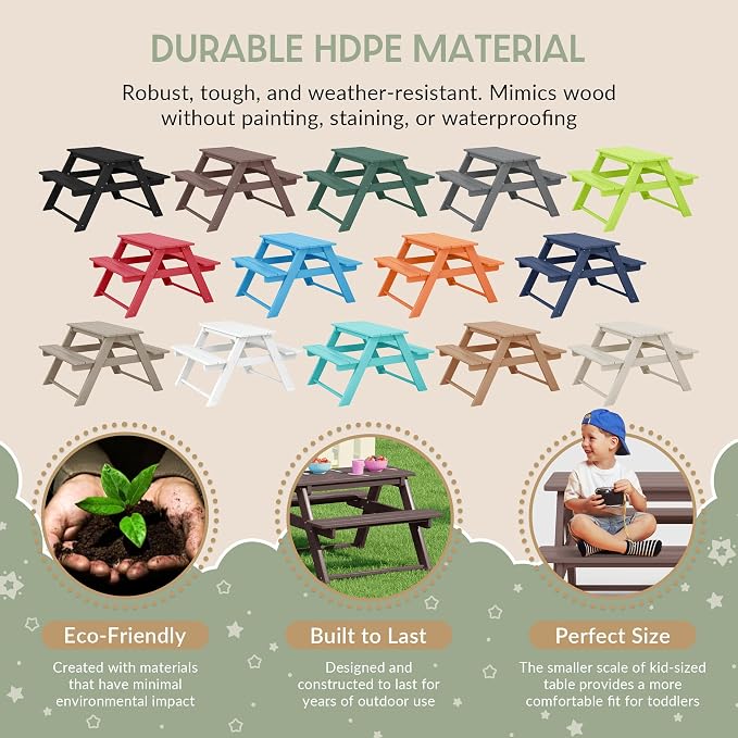 WestinTrends Malibu Outdoor Patio and Indoor Kids HDPE Plastic Picnic Bench Table, Dark Brown