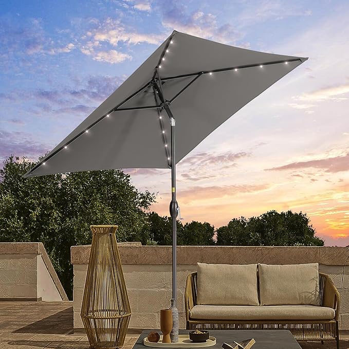 Square Patio Umbrella With Solar Lights, 6.5x6.5ft Square Umbrella Outdoor Patio with Tilt and Crank for Pool, Deck, Garden,Backyard