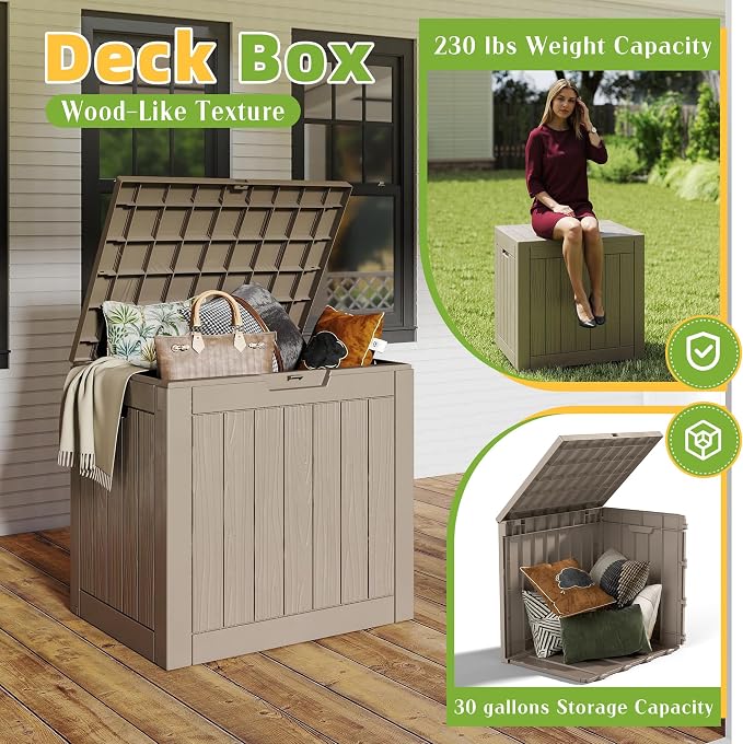 30 Gallon Waterproof Resin Deck Box, UV Resistant Outdoor Storage for Garden, Patio, Porch, Delivery, Gray