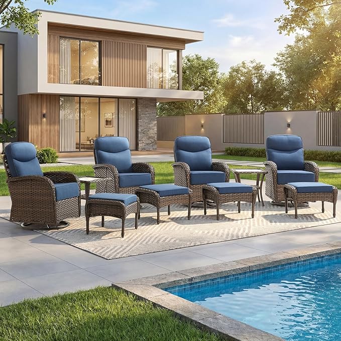 Outdoor Swivel Rocking Chair Patio Set (10pcs) High-Back - Thick Cushion Swivel Rocking Chair Patio Chairs Set, All-Weather Wicker Patio Furniture Set, Suitable for Balcony Patios, Brown/Blue