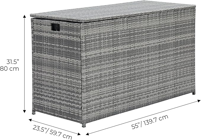 Teamson Home 154 Gallon Lined Weather Resistant Outdoor Rattan Wicker Patio Deck Storage Box with Soft Close Hinges for Patio Furniture Cushions or Pool Accessories, Gray