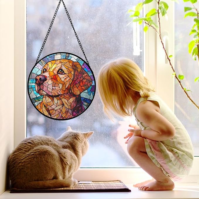 DASTOLL Stained Glass Window Hanging, Cute Dog Abstract Sun Catchers Colorful Glass Panel Texture Suncatcher Decor for Birthday for Women, Men, Wife, Aunt, and Mom 9.8 in