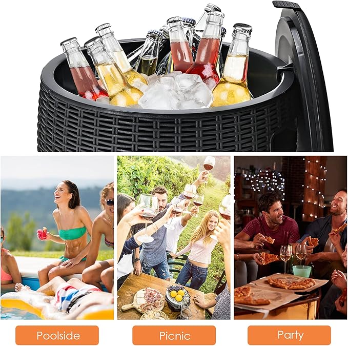 TANGZON 45L Ice Bucket Table, Rattan Effect Drinks Cooler with Lid & Side Handles, Outdoor Cocktail Table for Garden Patio Party and Pool (Black)