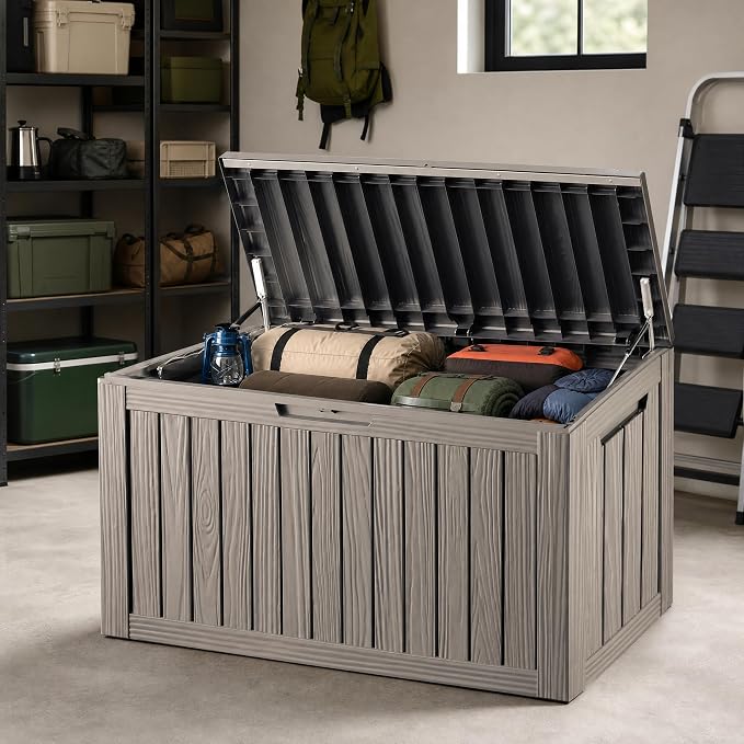 98 Gallon Large Deck Box, Waterproof Resin Outdoor Storage Box Lockable, Patio Storage Bench for Furniture Cushions & Garden Tools, 2-Person Seat, UV-Resistant, Gray Brown