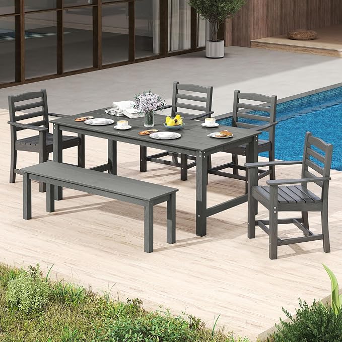 Tangkula 6 Pieces Patio Dining Bench Set, Outdoor HDPE Weather Resistant Table and Chairs Set with 1.77” Umbrella Hole and Wood-Like Surface, Outside Furniture Set for Garden, Backyard (Gray, 6 Pcs)