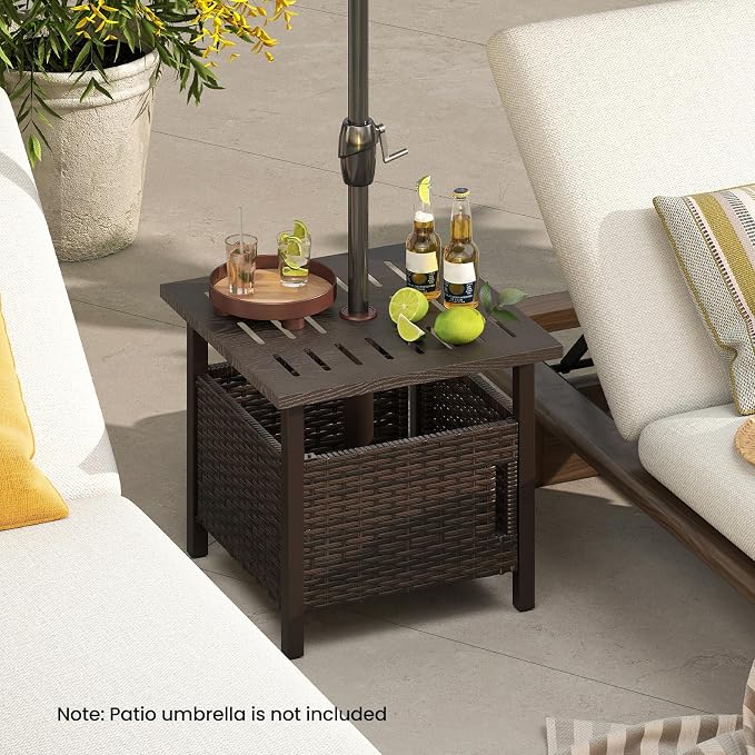 RELAX4LIFE Wicker Outdoor Side Table - Rattan Square Patio End Table with 1.93’’ Umbrella Hole, 2 Weighted Sand Bags & Rustproof Frame, Outside Umbrella Stand for Garden Deck Porch Poolside Backyard