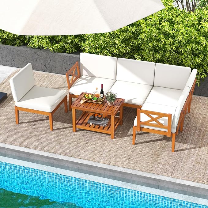 Tangkula 6 Pieces Acacia Wood Patio Furniture Set, Outdoor Sectional Conversation Set with Cushions and 2-Tier Coffee Table, L Shaped Corner Sofa Set for Garden, Porch, Poolside and Backyard