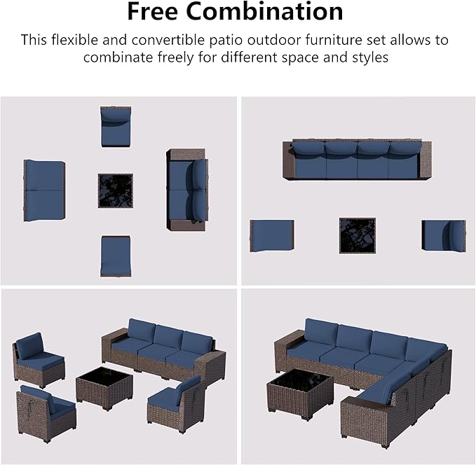 Patio Furniture Set Sofa 7-pcs Wicker Sectional Sofa Set,Outdoor Furniture Rattan Patio Conversation Sets with Seat Cushions and Tempered Glass Coffee Table