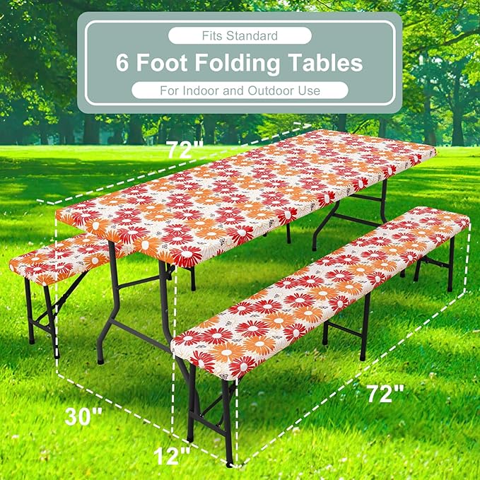 misaya Picnic Table Cover with Bench Cover, Waterproof Elastic Fitted Tablecloth for 6 Foot Tables, Rectangle Washable Polyester Fabric Tablecloths for Picnic, Camping, Outdoor (Red Daisy, 30" x 72")