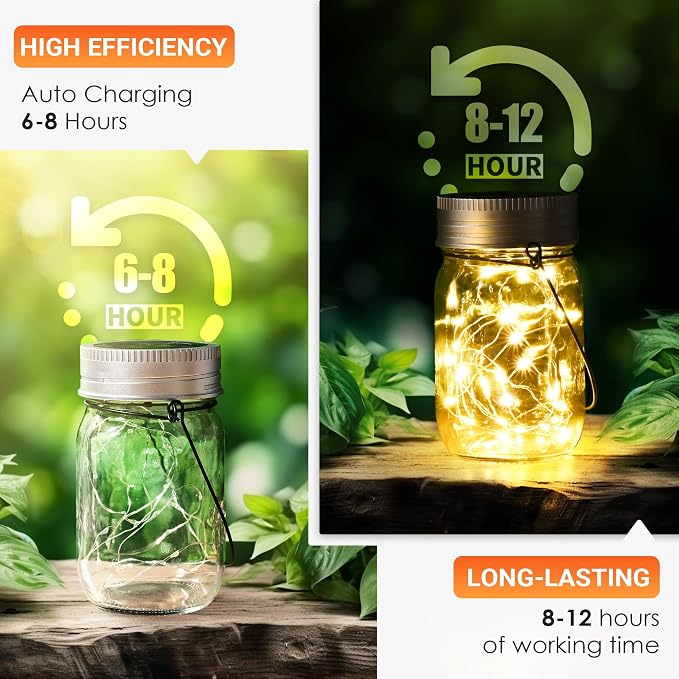 GIGALUMI Solar Mason Jar Lights, 8 Pack 30 Led String Fairy Lights | Garden Lights Outdoor Waterproof Hanging Solar Lanterns for Outdoor, Garden, Patio, Lawn, Balcony Decoration