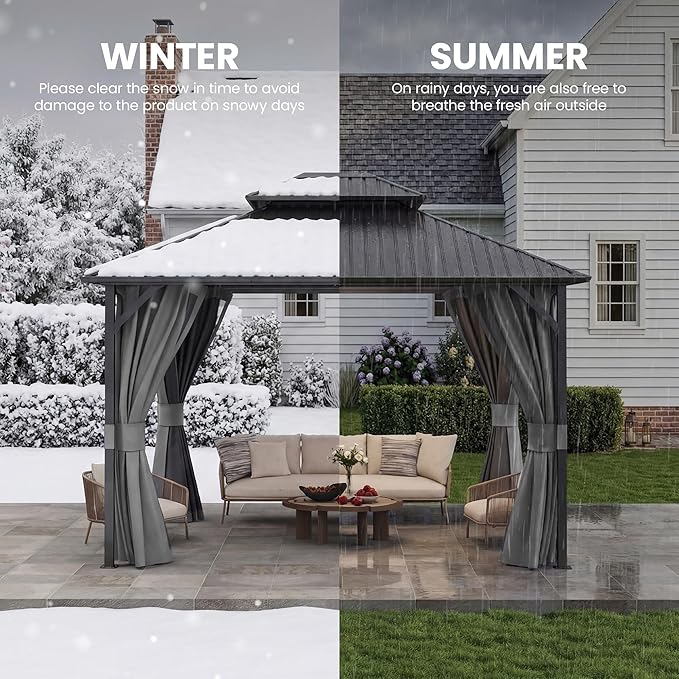 UDPATIO 10'x12' Hardtop Gazebo, Metal Gazebo with Galvanized Steel Double Roof, Permanent Patio Pavilion for Dining Parties, Grey