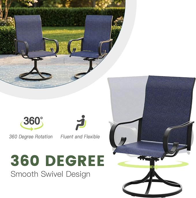 7 Pieces Patio Dining Set, 6 Outdoor Swivel Dining Chairs with 50" Round Metal Outdoor Dining Table with Umbrella Hole for Garden Backyard Deck, Dark Blue & Black