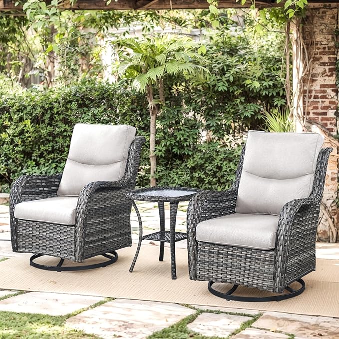 Patio Swivel Chairs with Smile-Shaped Cushions, 3 Piece High Back Patio Swivel Glider Chairs with Side Table 3PCS PE Rattan Luxury Swivel Patio Chairs Set Grey Wicker | Beige Cushions