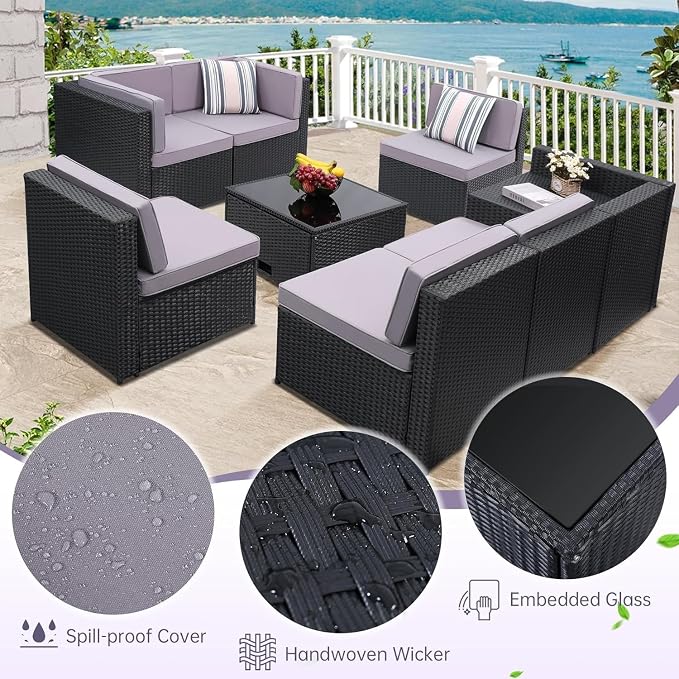8-Piece Outdoor Wicker Patio Furniture Set with Glass Top Table Featuring Hidden Storage for Backyard, Garden, Deck, or Porch(Blue)