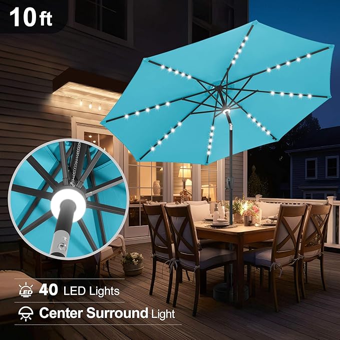 FLAME&SHADE 10 FT Solar Light Patio Umbrella, 40 LED lights outdoor umbrella with Centre Surround Light, Table Market Umbrella for Deck, Pool, Porch, Backyard, Garden, UV Protection, Aqua Blue