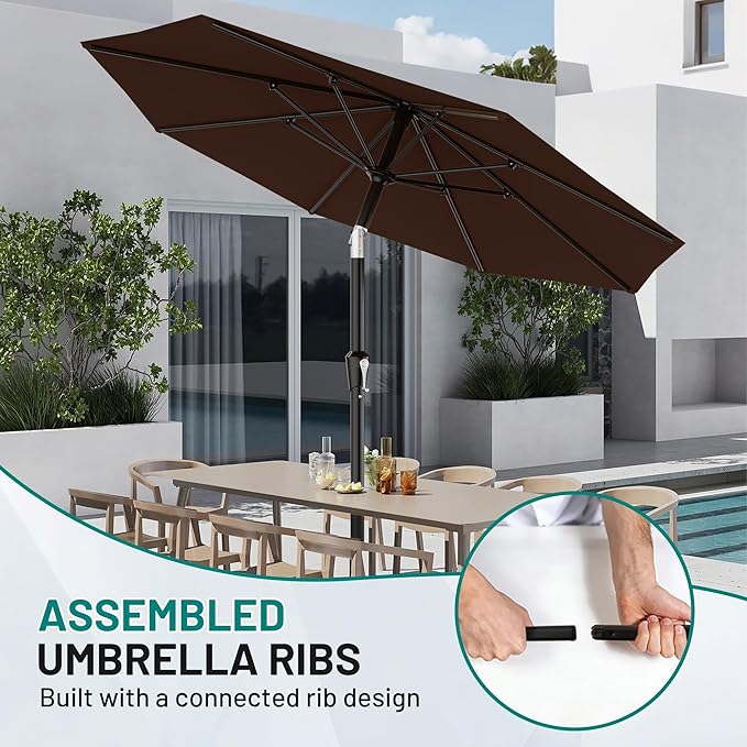 AreShark 10 FT Outdoor Patio Umbrella, Patio Table Umbrella with Push Button Tilt and Crank, Outdoor Patio Umbrellas with 8 Fiberglass Ribs, Patio Umbrellas for Market, Garden, Pool (Brown)