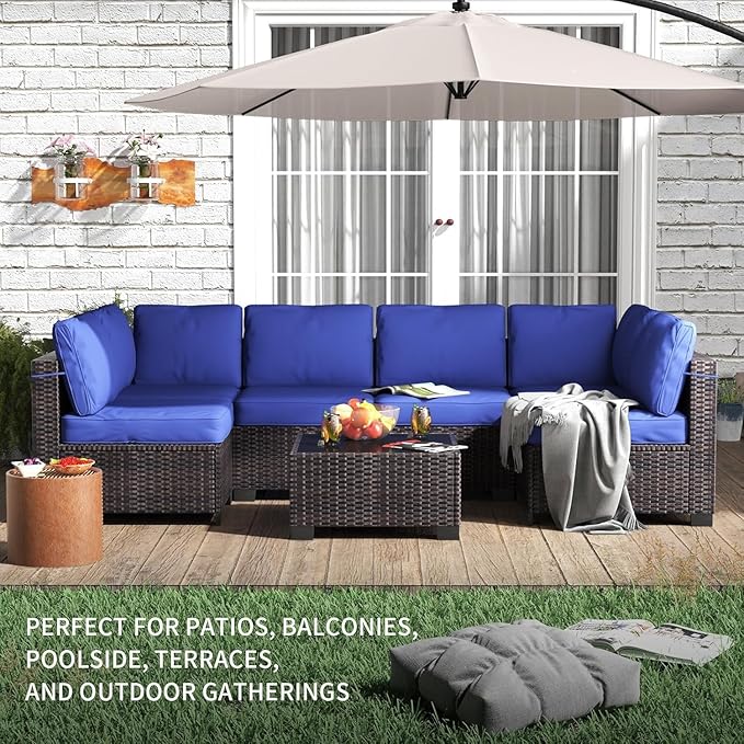 7 Piece Patio Furniture Set, All-Weather PE Wicker Sectional Sofa with Tempered Glass Coffee Table - Outdoor Conversation Set for Poolside, Garden, Porch in Brown + Blue