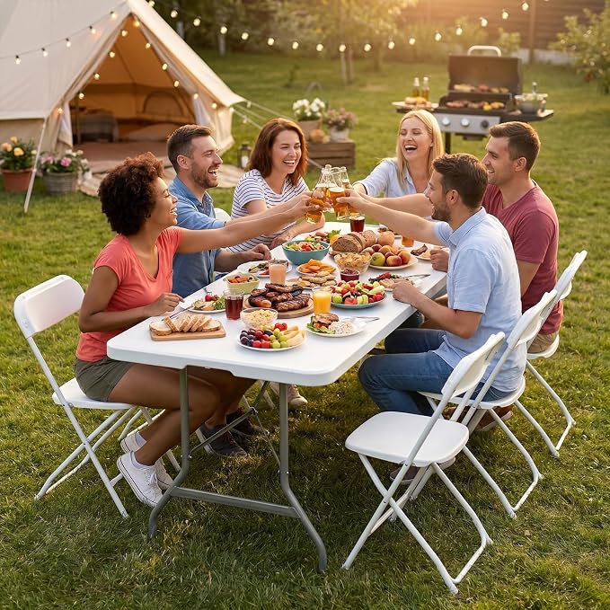 DUMOS 6 Feet Folding Picnic Table, Plastic Table with Carrying Handle, Heavy Duty Portable Table for Camping Party, White