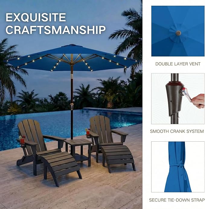 Kingdura 9FT Outdoor Patio Umbrella with Solar Lights, Market Table Umbrella with Push Button Tilt & Crank, 8 Sturdy Ribs, 32 LED Lights, UV Protection for Garden Lawn Deck Backyard Pool (Royal blue)