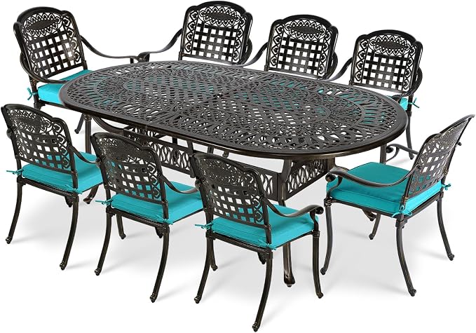 VIVIJASON 9-Piece Outdoor Cast Aluminum Dining Set, Rust-Free Classic Vintage Patio Furniture Set, Include 8 Cushioned Chairs and an Oval Table with Umbrella Hole for Lawn Backyard, Ocean Blue Cushion