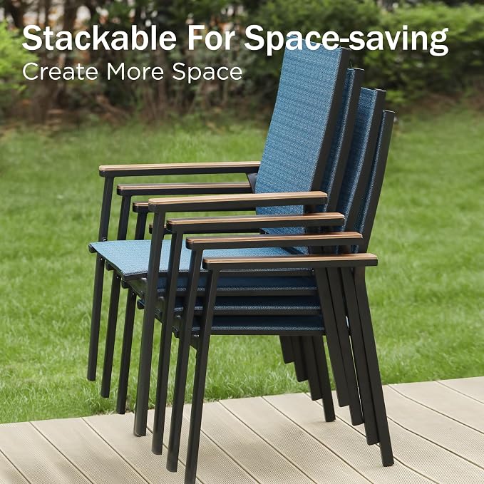 PHI VILLA 7 PCS Patio Dining Set, Metal Outdoor Furniture with 59"x35.4" Dining Table & 6 Stackable Aluminum Textilene Chairs, Patio Table and Chairs for Deck Garden Poolside, Blue