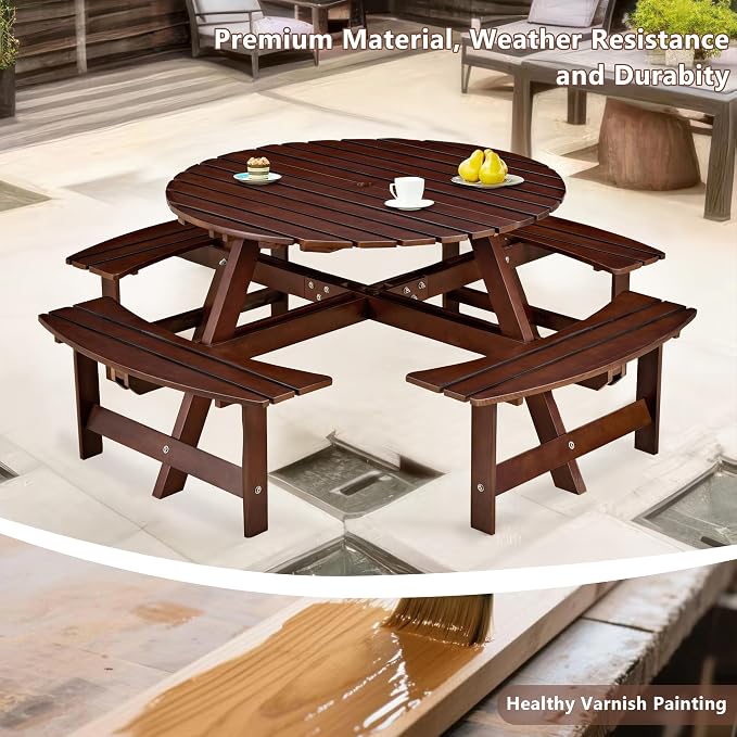 8 Person Outdoor Picnic Table, Round Dining Table with 4 Built-in Benches and Umbrella Hole, Outside Garden Backyard Table and Bench Set, 500lbs Capacity Per Bench (Brown)