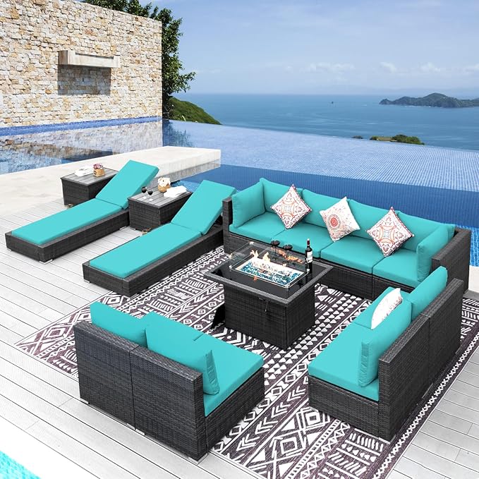 NICESOUL 13 Piece Outdoor Sectional w/Fire Pit Table, Luxury Modular Patio Furniture Set w/Chaise Lounge, Plus 29.3'' High-Back Seating Sofa, All-Weather Deck Couch for Poolside, Yard, Grey & Teal