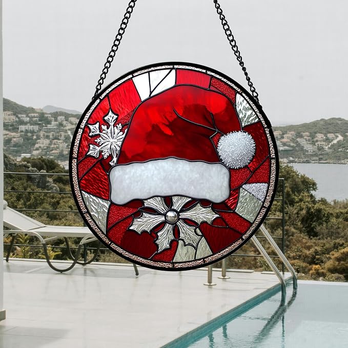 DASTOLL Stained Glass Window Hanging 4 Pcs Set Red Christmas Decorations Theme 9.8" - Suncatcher Door Garden Sun Catcher Decor Birthday for Mom Woman Nana Men Friend Wife