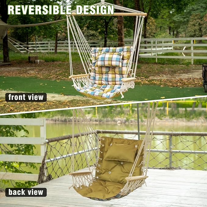 Backyard Expressions Extra Padded Reversible Hanging Rope Swing - Max 275 Lbs - Wooden Spreader Bar - for Any Indoor or Outdoor Spaces
