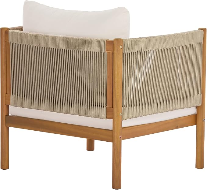 Merax 4-Piece Outdoor Sofa Set with Acacia Wood Frame in Teak Look, Beige Rope Panels & Cream Cushions, Patio Conversation Set with 2 Club Chairs, Loveseat & Coffee Table for Patio & Garden