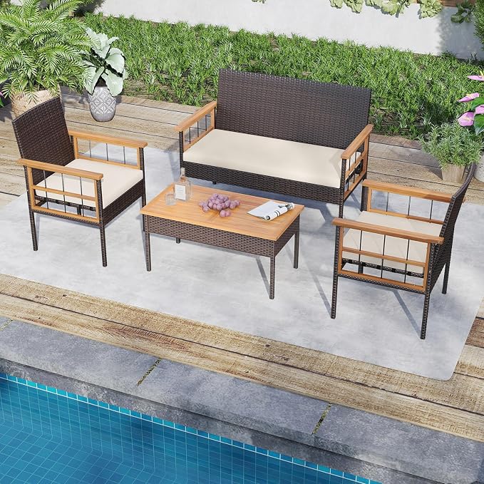 HAPPYGRILL Patio Furniture Set Outdoor Rattan Wicker Conversation Set with Acacia Wood Coffee Table, Chairs, Loveseat & Cushions, for Porch, Garden, Backyard, Poolside (8 Pieces)