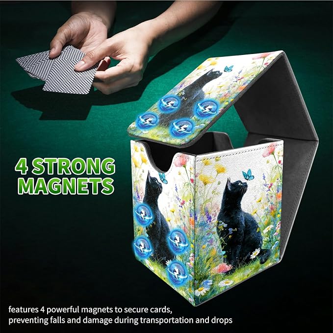 Lawn Black Cat Card Deck Box for MTG, Personalized Card Storage Case Fits 120+ Sleeved Cards, Premium Leather TCG Box with Strong Magnetic Closure for Magic, CCG, PTCG, Baseball Cards