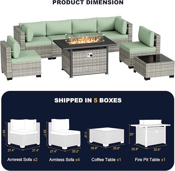 8-Piece Outdoor Patio Furniture Set with 55,000 BTU Fire Pit Table, PE Wicker Rattan Sectional Sofa Conversation Set - All-Weather Garden, Backyard Furniture, Light Green