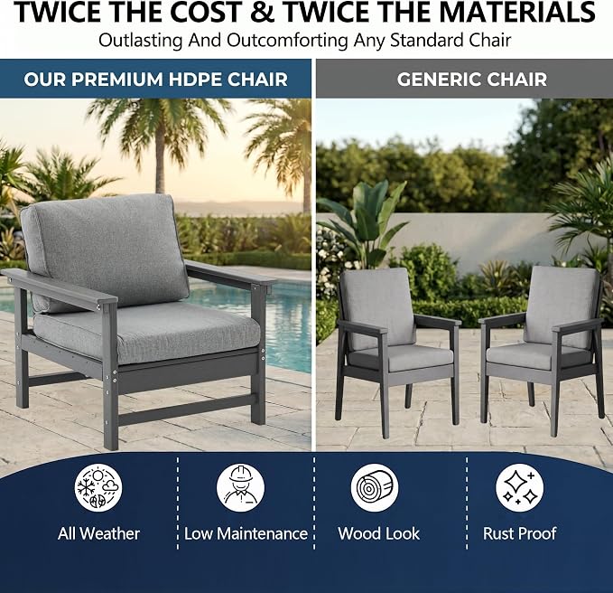 6-Piece Outdoor Patio Furniture Set, Modular HDPE Conversation Set with 3-Seater Sofa, 2 Armchairs & Large Coffee Table, Waterproof & UV-Resistant Outdoor Sofa with Cushions