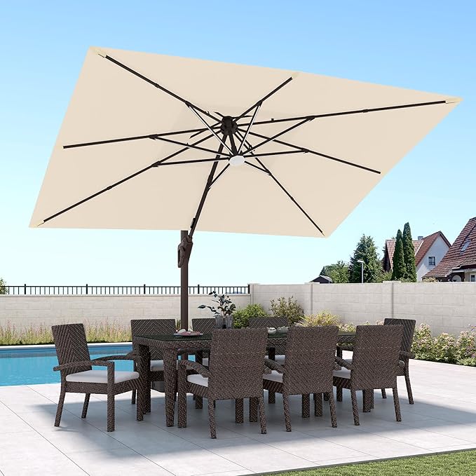 9 X 12 FT Cantilever Patio Umbrella with Led Lights and Base Included Outdoor Heavy Duty Double Top Rectangle Offset Umbrellas with 360-degree Rotation for Pool Deck Backyard, Beige