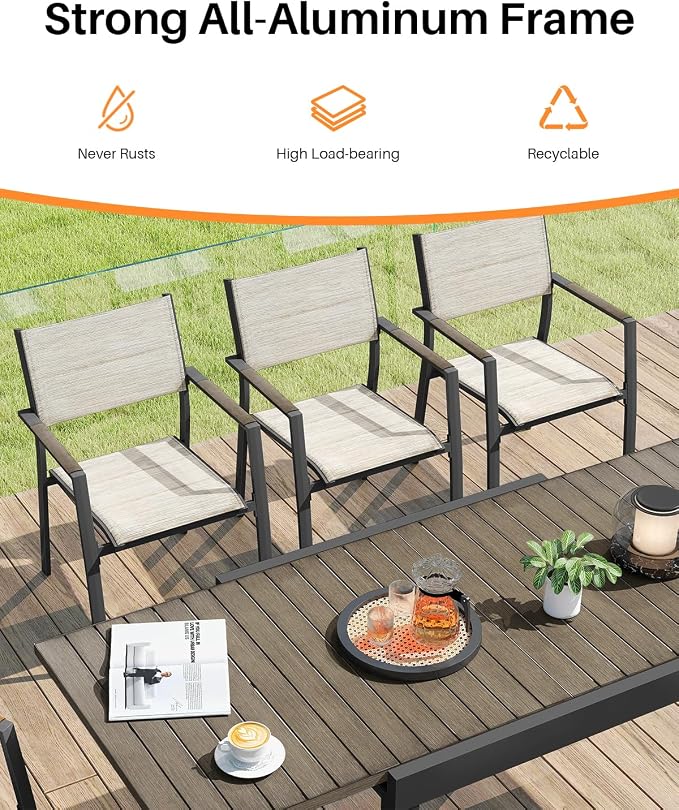 Patio Dining Set for 8, Aluminum Extendable Outdoor Dining Table Set with Expandable Dining Table and Double-Layer Textilene Dining Chairs, Patio Furniture Set for Porch, Deck, Limed Oak