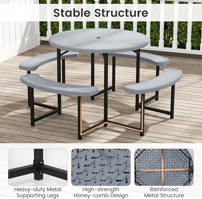 Tangkula 8 Person Picnic Table, HDPE Outdoor Round Table and Bench Set with 4 Built-in Benches, Umbrella Hole, Metal Frame for Garden Yard Patio Lawn
