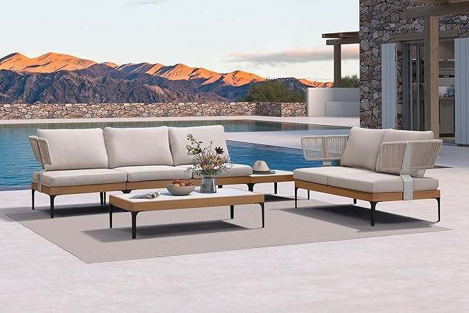 PURPLE LEAF 5 Pieces Patio Conversation Furniture Sets with Loveseat Chairs Tables Modern Wicker Armrest Outdoor Aluminum Sectional Sofa Sets for Balcony Yard Poolside Garden, Cushions Included