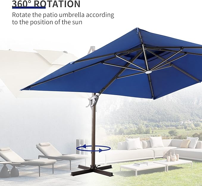 JZAC & QZYD 9x12 FT Outdoor Cantilever Patio Umbrella with LED Lights, Large Heavy Duty 2-Tier Aluminum Offset Umbrellas with 360-Degree Rotation for Pool Deck, Navy