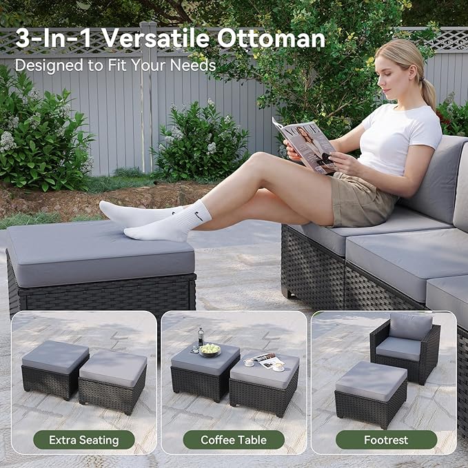 Aoxun Patio Furniture Set, 5 Piece Outdoor Sectional Sofa with Ottomans, Wicker Outdoor Furniture Conversation Sets with Waterproof Cover for Backyard Grey