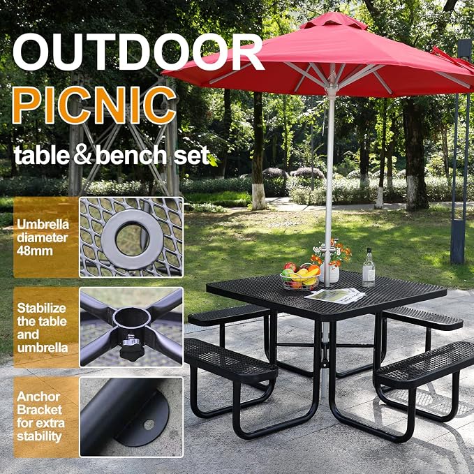 46-Inch Square Metal Outdoor Picnic Table – Commercial Heavy-Duty Steel Dining Table with Thermoplastic Coating, Weather & Rust Resistant, Ideal for Patio, Outside, Garden, Schools (Black)