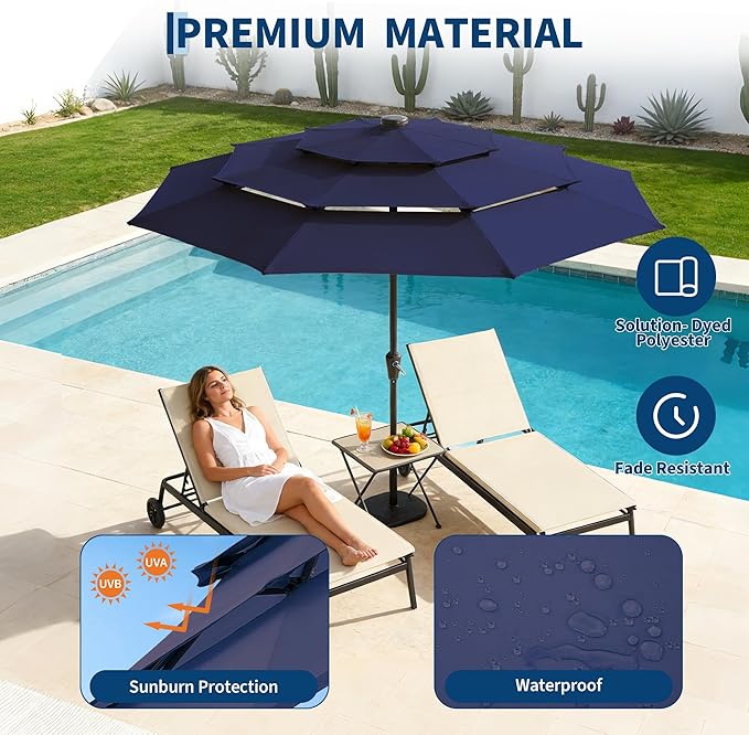 Garvee 9ft 10ft Patio Umbrella with Solar Lights, 3-Tier Umbrella Outdoor Patio with LED Lights, Ventilation, Easy Crank & Tilt, 8 Sturdy Ribs, UV Protection, Large Patio Umbrella for Deck, Pool