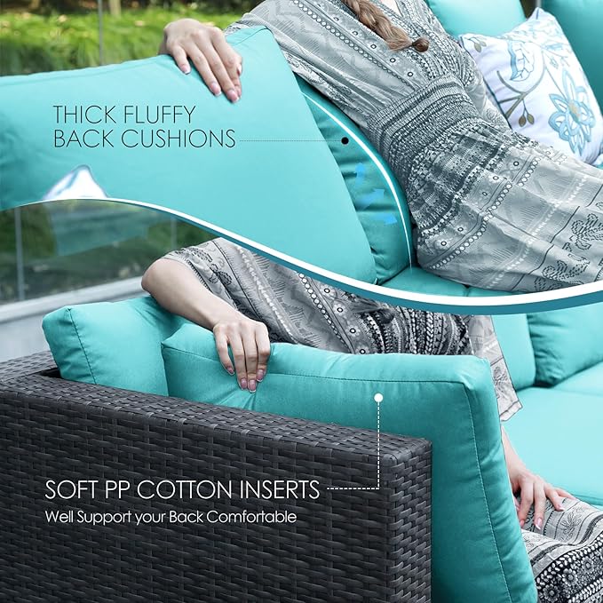 NICESOUL 13 Piece Outdoor Sectional Furniture with Firepit, Contemporary Back Yard Fireplace w/Seating Area, Plus Size 29.3'' High Back Patio Set, All-Weather Wicker Couch for Exterior, Gray & Teal