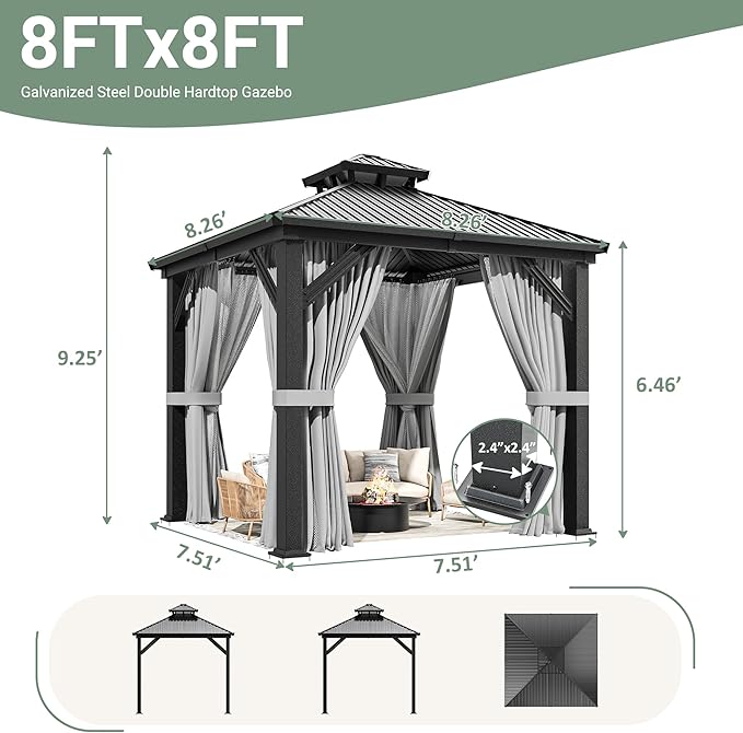 AirWire 8'x8' Gazebo Hardtop Gazebo, Aluminum Pergola with Double Galvanized Steel Roof, Permanent Outdoor Metal Canopy with Curtain and Netting for Patio, Backyard, Deck,Grey