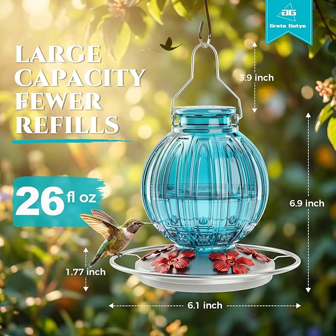 Glass Hummingbird Feeder for Outdoors Hanging, 26Oz Bird Nectar Feeder with Perch & 5 Flower Feeding Ports, Leak Proof for Outside Garden Decor Backyard, Gifts for Women Mom, Blue