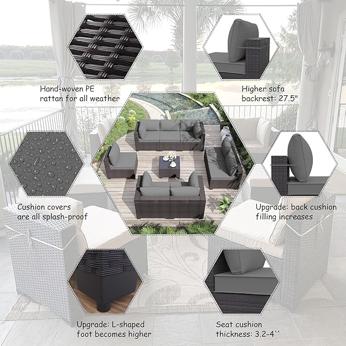 ALAULM 9 Pieces Patio Furniture Set Wicker Patio Conversation Set with 4 Corner Sofas, Outdoor Sectional Furniture w/Coffee Table & Washable Seat Cushions-Grey