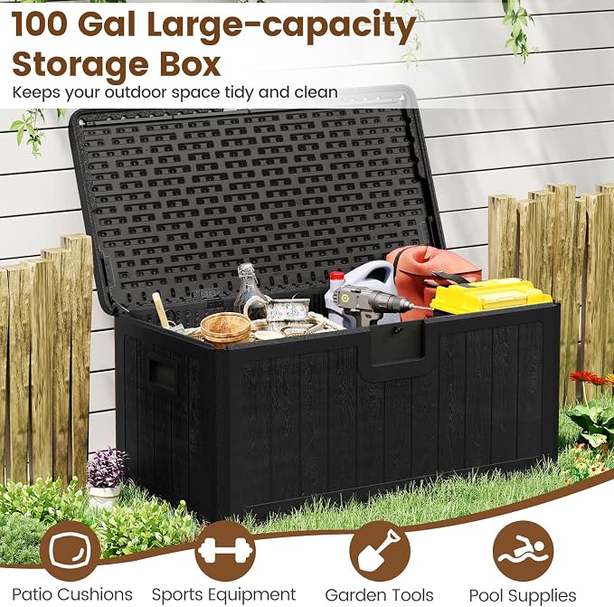 Giantex 100 Gallon Deck Box, Waterproof Resin Box with Lockable Lid, 440Lbs Outdoor HDPE Storage Container Bench for Patio Furniture Cushions, Pool Tools & Garden Accessories (Black)